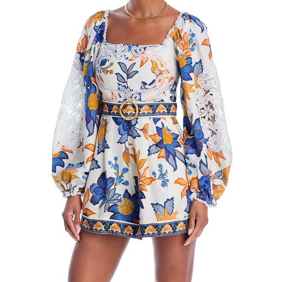 FARM Rio Pants - NWT Farm Rio Lace Trim Off White blue resortwear vacation floral romper XS